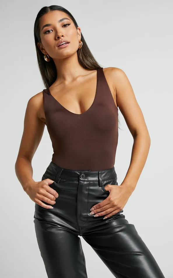 Showpo Kerrie Bodysuit 8211 V Neck Bodysuit In Chocolate Women Curve Clothes