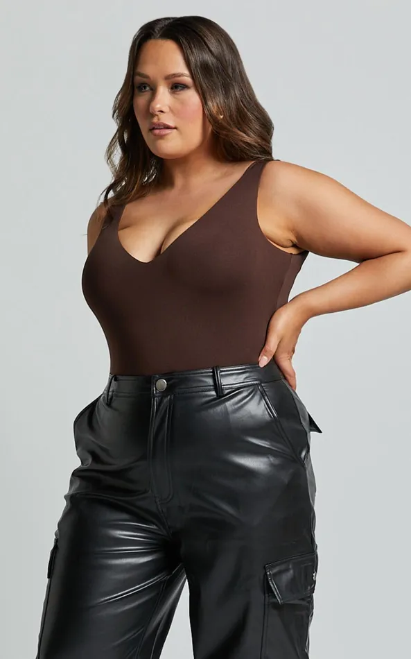 Showpo Kerrie Bodysuit 8211 V Neck Bodysuit In Chocolate Women Curve Clothes