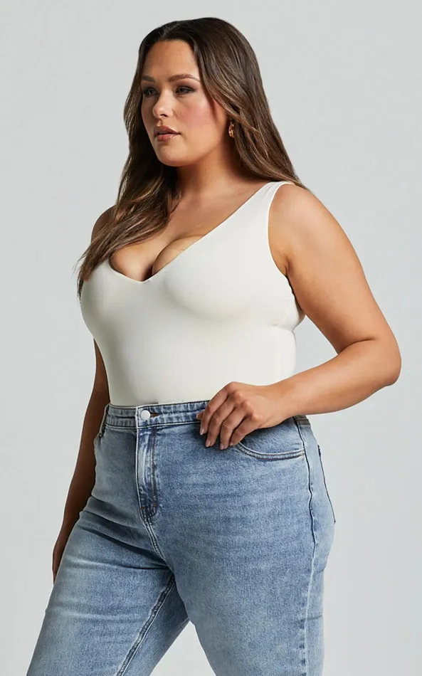 Showpo Kerrie Bodysuit 8211 V Neck Bodysuit In Cream Women Curve Clothes