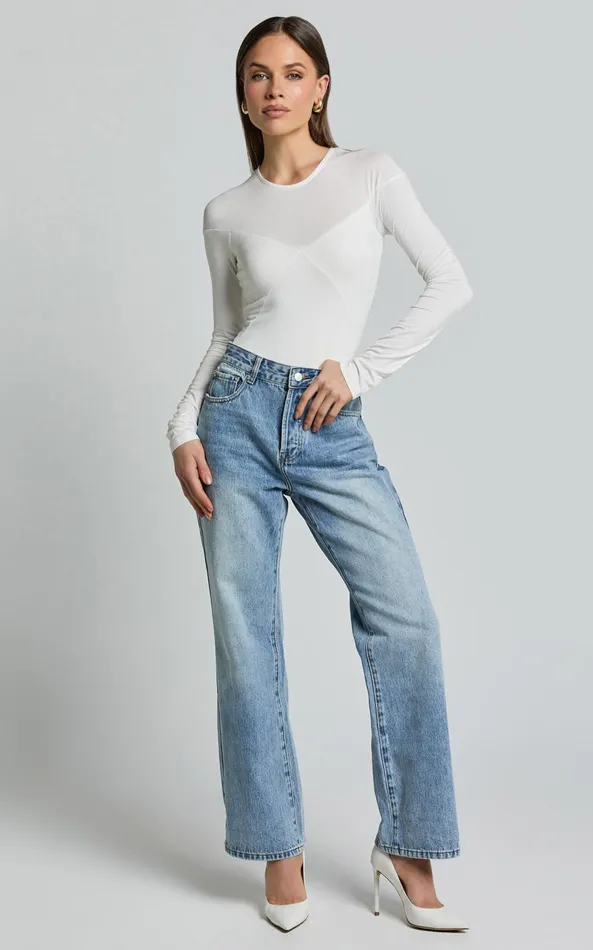 Showpo Kerryn Bodysuit 8211 Long Sleeve Marl Cross Front Bodysuit In Ivory Women Tops