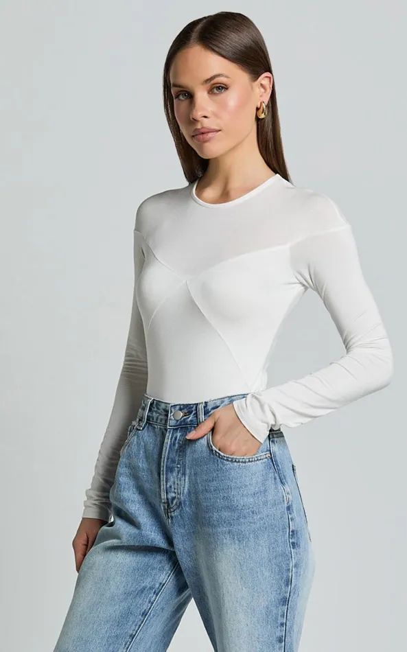 Showpo Kerryn Bodysuit 8211 Long Sleeve Marl Cross Front Bodysuit In Ivory Women Tops