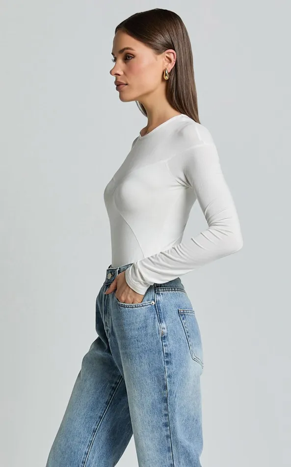 Showpo Kerryn Bodysuit 8211 Long Sleeve Marl Cross Front Bodysuit In Ivory Women Tops
