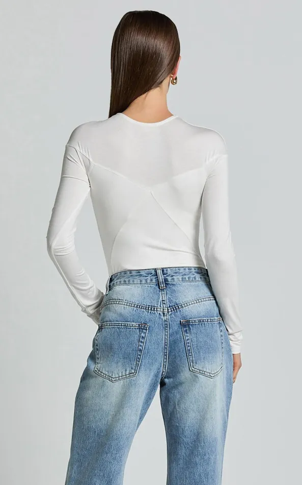 Showpo Kerryn Bodysuit 8211 Long Sleeve Marl Cross Front Bodysuit In Ivory Women Tops