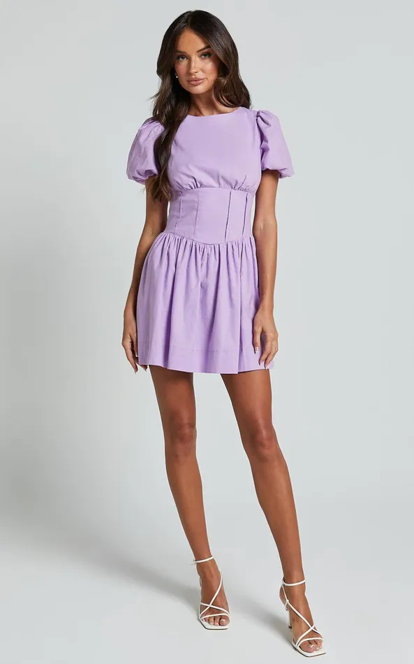 Showpo Kerthina Mini Dress 8211 Scoop Neck Short Puff Sleeve Fit And Flare Dress In Lilac Women Dresses