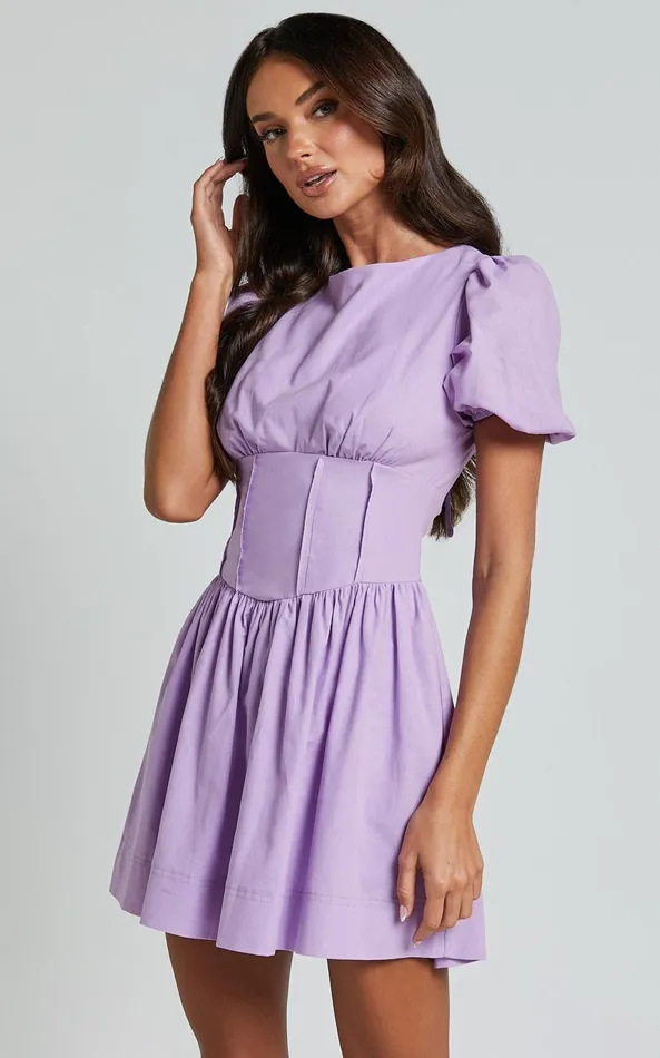 Showpo Kerthina Mini Dress 8211 Scoop Neck Short Puff Sleeve Fit And Flare Dress In Lilac Women Dresses