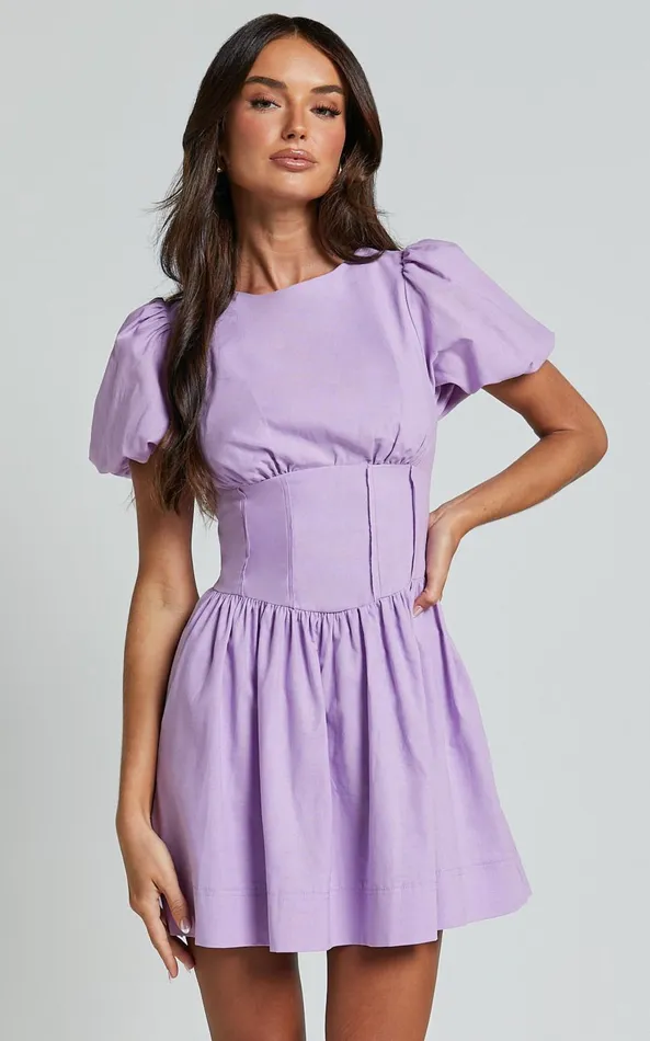 Showpo Kerthina Mini Dress 8211 Scoop Neck Short Puff Sleeve Fit And Flare Dress In Lilac Women Dresses