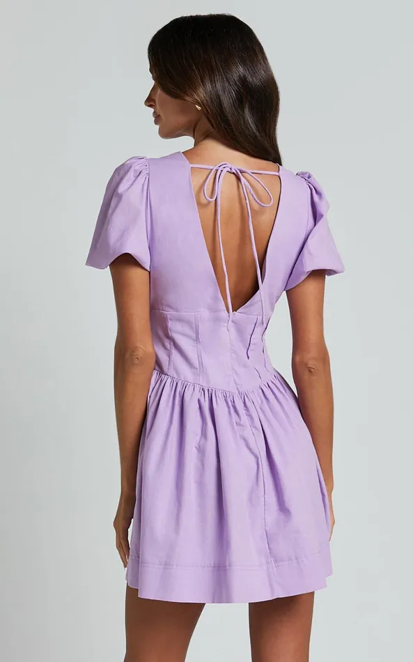 Showpo Kerthina Mini Dress 8211 Scoop Neck Short Puff Sleeve Fit And Flare Dress In Lilac Women Dresses