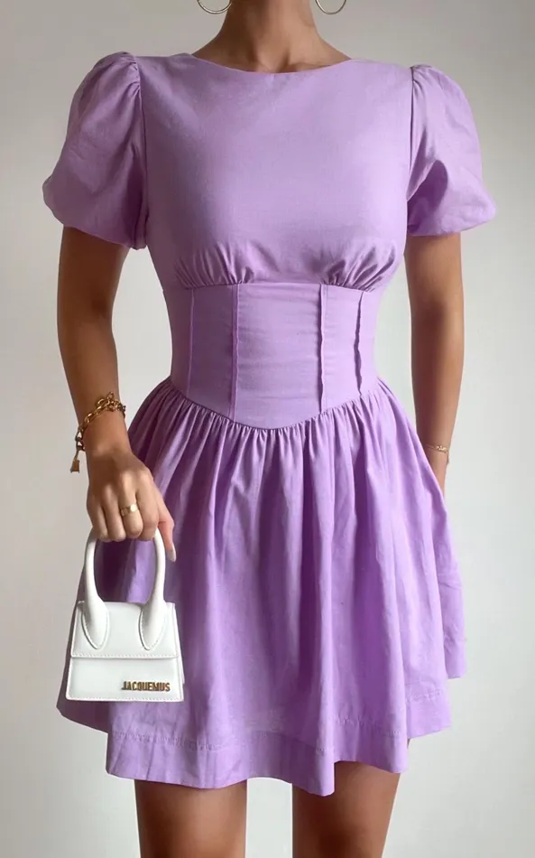 Showpo Kerthina Mini Dress 8211 Scoop Neck Short Puff Sleeve Fit And Flare Dress In Lilac Women Dresses