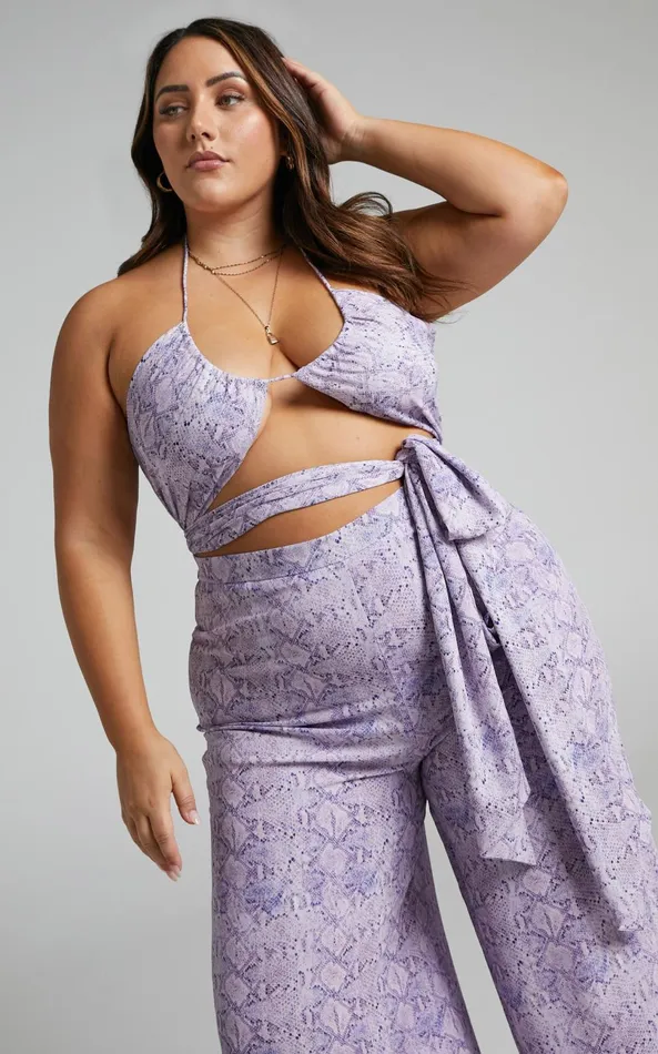 Showpo Khaji Top 8211 Halter Scarf Bust Crop Top In Lilac Snake Print Women Tops