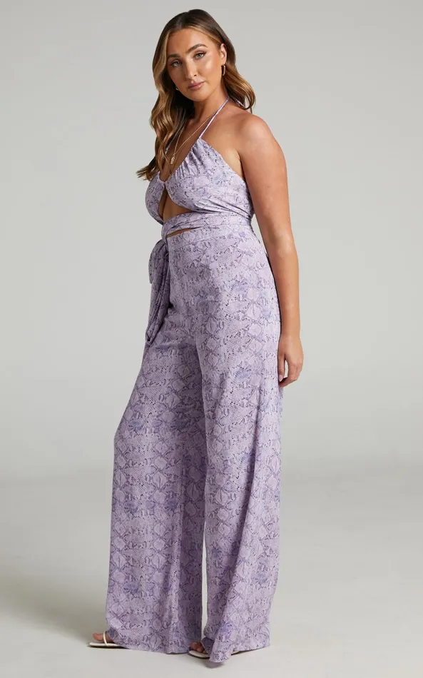 Showpo Khaji Top 8211 Halter Scarf Bust Crop Top In Lilac Snake Print Women Tops