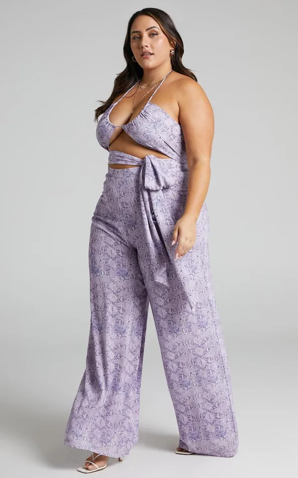 Showpo Khaji Top 8211 Halter Scarf Bust Crop Top In Lilac Snake Print Women Tops