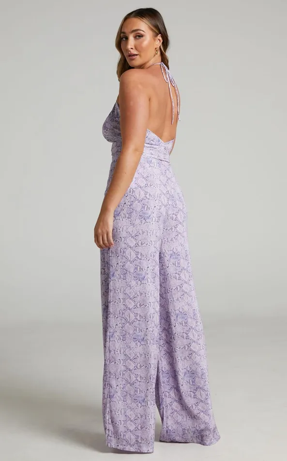 Showpo Khaji Top 8211 Halter Scarf Bust Crop Top In Lilac Snake Print Women Tops