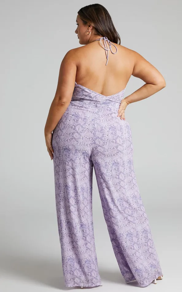 Showpo Khaji Top 8211 Halter Scarf Bust Crop Top In Lilac Snake Print Women Tops