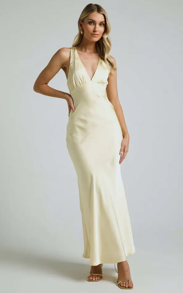 Showpo Khalani Midi Dress 8211 Deep V Neck Satin Slip Dress In Butter Yellow Women Dresses