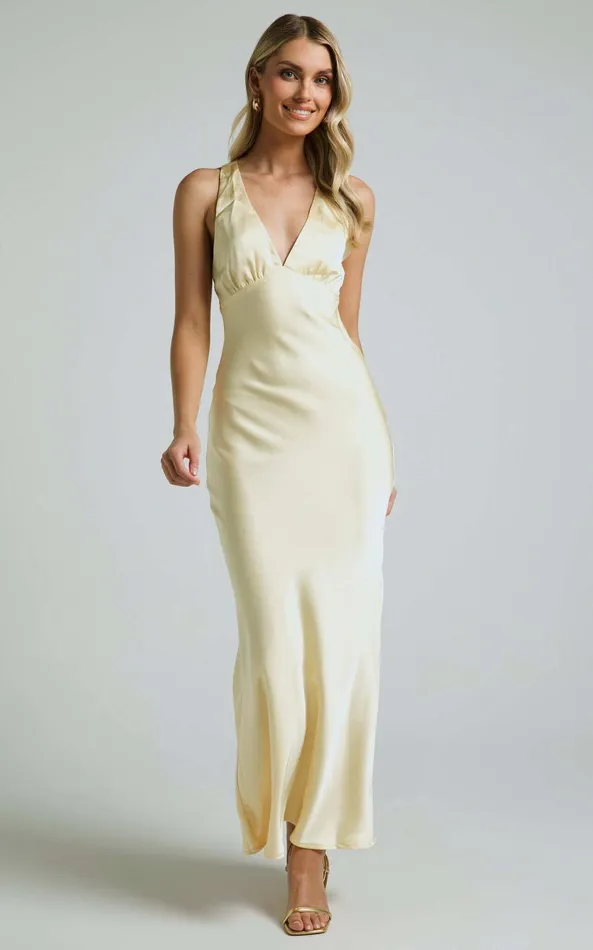 Showpo Khalani Midi Dress 8211 Deep V Neck Satin Slip Dress In Butter Yellow Women Dresses
