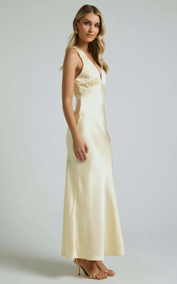 Showpo Khalani Midi Dress 8211 Deep V Neck Satin Slip Dress In Butter Yellow Women Dresses