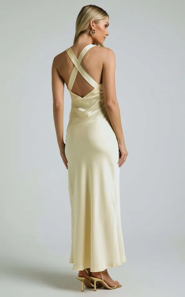 Showpo Khalani Midi Dress 8211 Deep V Neck Satin Slip Dress In Butter Yellow Women Dresses