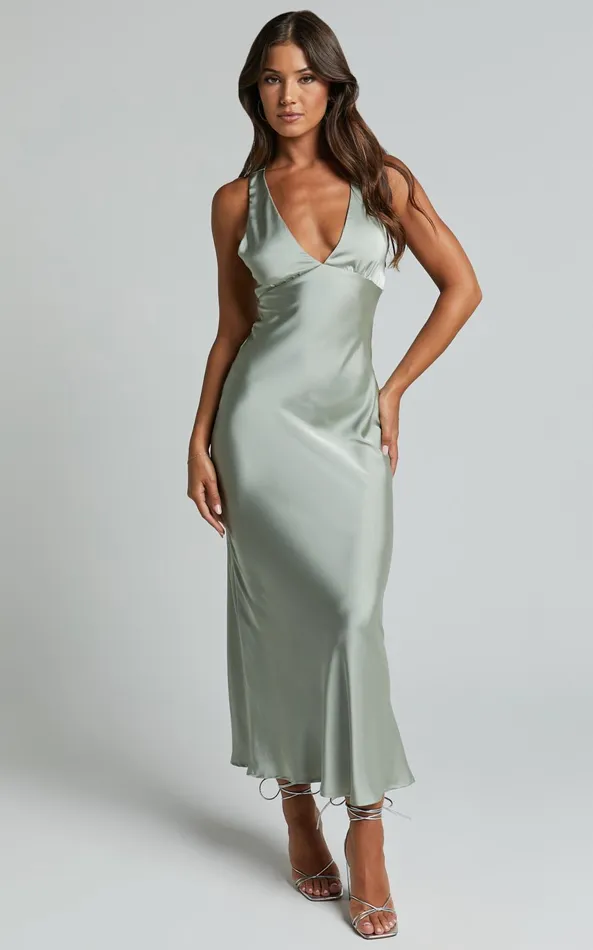 Showpo Khalani Midi Dress 8211 Deep V Neck Satin Slip Dress In Sage Women Dresses Showpo Khalani Midi Dress 8211 Deep V Neck Satin Slip Dress In Sage Women Dresses