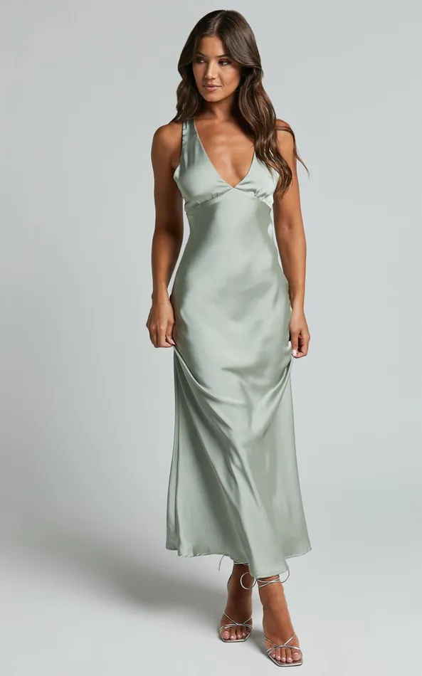 Showpo Khalani Midi Dress 8211 Deep V Neck Satin Slip Dress In Sage Women Dresses