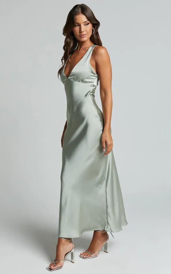 Showpo Khalani Midi Dress 8211 Deep V Neck Satin Slip Dress In Sage Women Dresses
