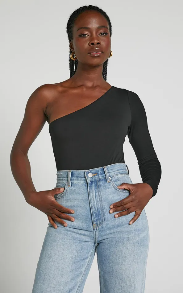 Showpo Khanley Bodysuit 8211 One Shoulder Long Sleeve Bodysuit In Black Women Basics