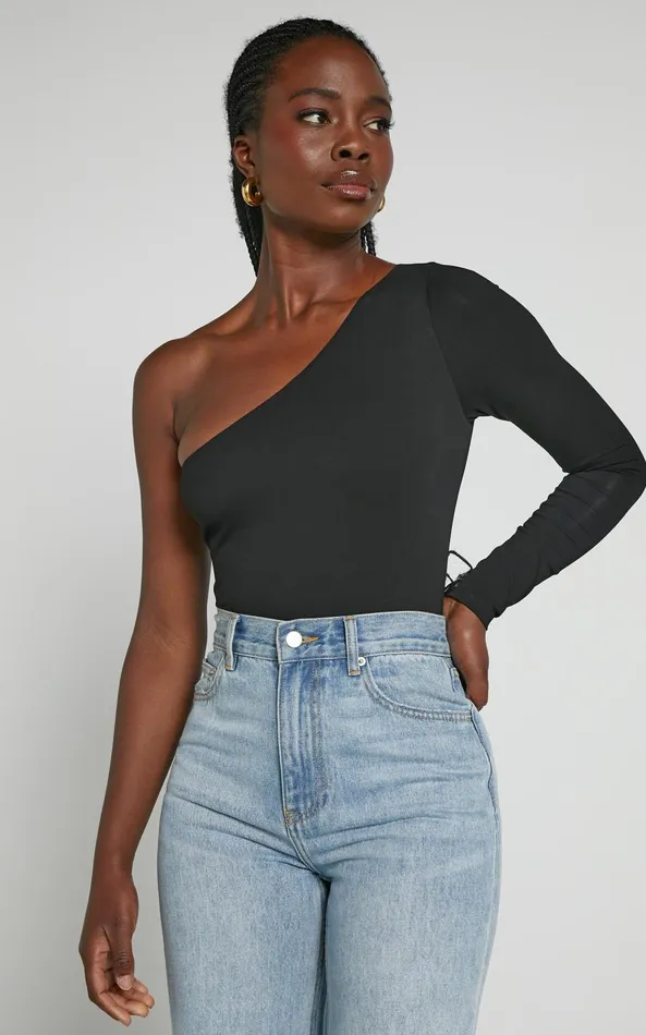 Showpo Khanley Bodysuit 8211 One Shoulder Long Sleeve Bodysuit In Black Women Basics