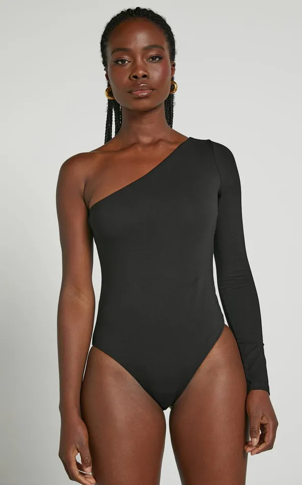 Showpo Khanley Bodysuit 8211 One Shoulder Long Sleeve Bodysuit In Black Women Basics