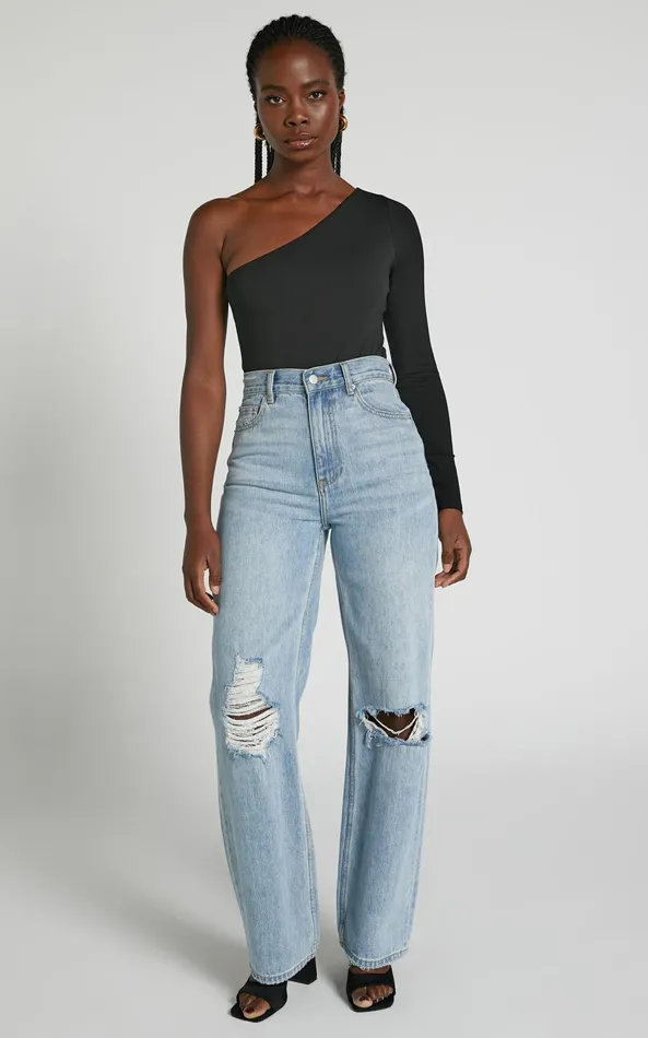 Showpo Khanley Bodysuit 8211 One Shoulder Long Sleeve Bodysuit In Black Women Basics