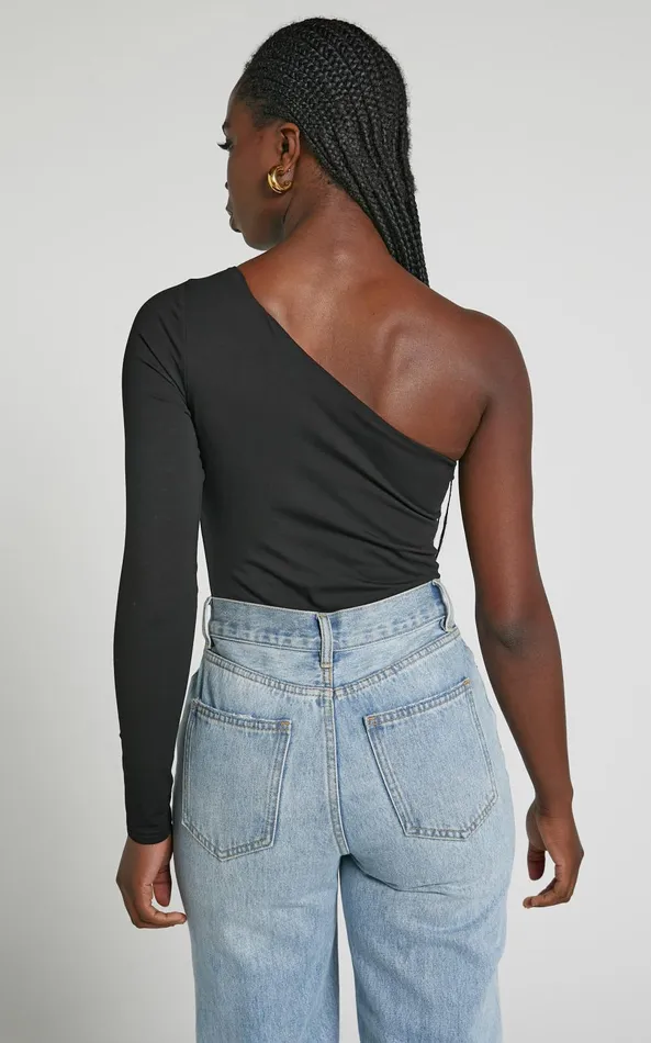 Showpo Khanley Bodysuit 8211 One Shoulder Long Sleeve Bodysuit In Black Women Basics