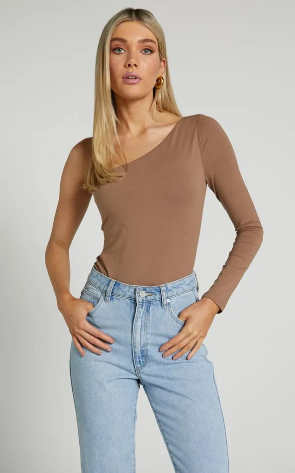 Showpo Khanley Bodysuit 8211 One Shoulder Long Sleeve Bodysuit In Mushroom Women Basics