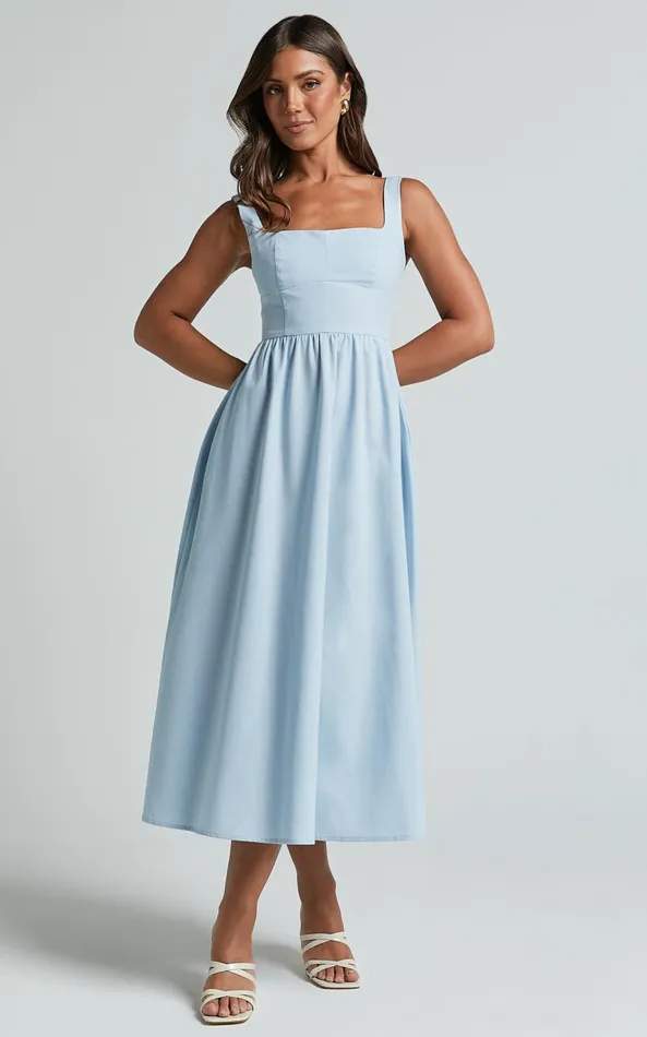 Showpo Khari Midi Dress 8211 Linen Look Square A Line Dress In Blue Women Dresses
