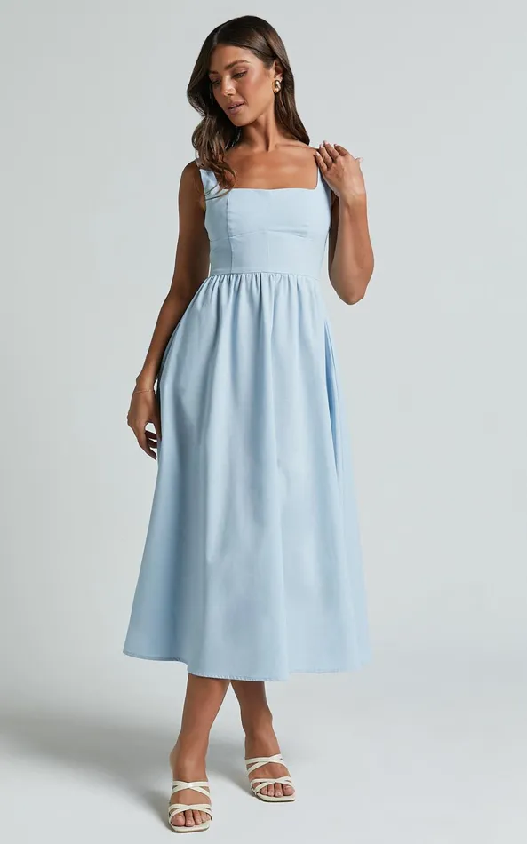Showpo Khari Midi Dress 8211 Linen Look Square A Line Dress In Blue Women Dresses