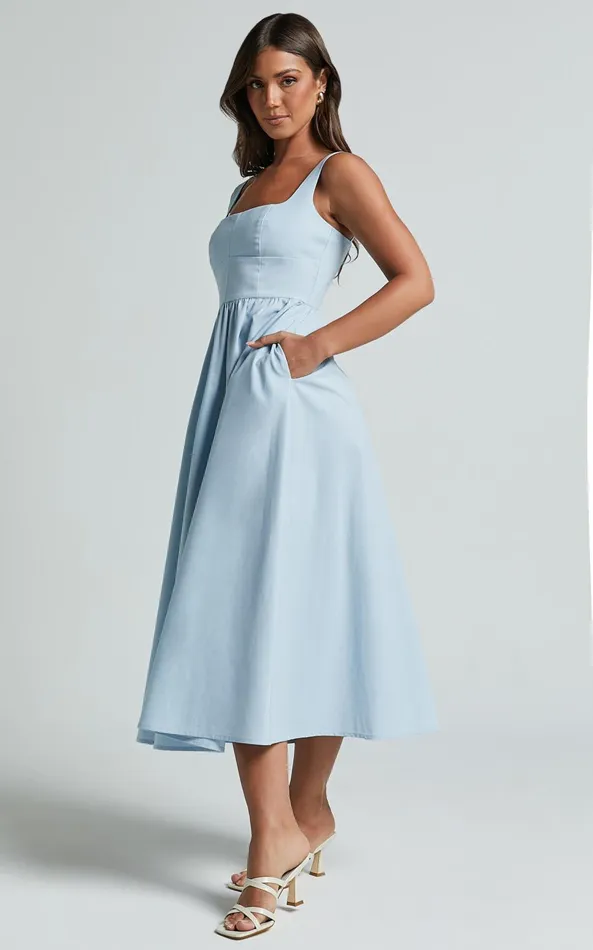 Showpo Khari Midi Dress 8211 Linen Look Square A Line Dress In Blue Women Dresses