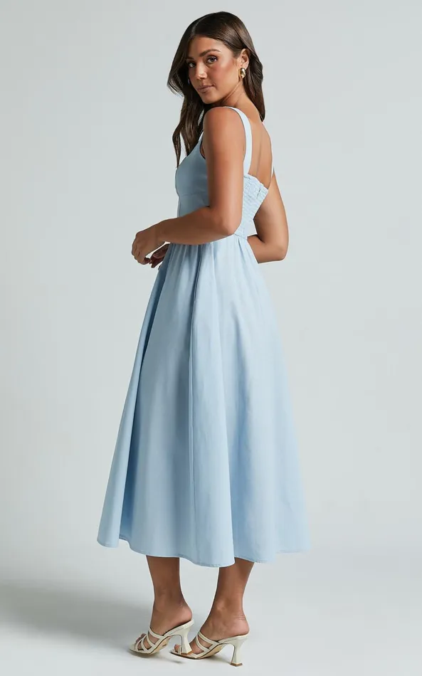 Showpo Khari Midi Dress 8211 Linen Look Square A Line Dress In Blue Women Dresses