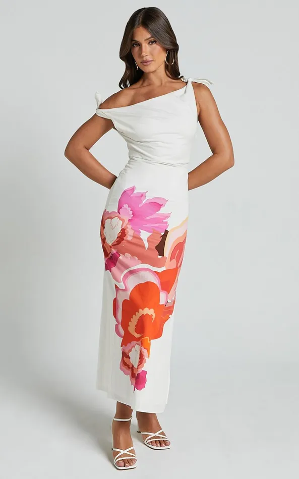 Showpo Khizza MIDI DRESS 8211 OFF THE SHOULDER SIDE SPLIT COLUMN DRESS In Pink And Red Print Women Dresses
