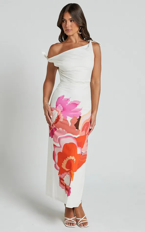 Showpo Khizza MIDI DRESS 8211 OFF THE SHOULDER SIDE SPLIT COLUMN DRESS In Pink And Red Print Women Dresses