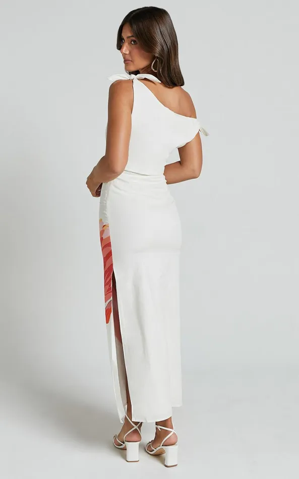 Showpo Khizza MIDI DRESS 8211 OFF THE SHOULDER SIDE SPLIT COLUMN DRESS In Pink And Red Print Women Dresses