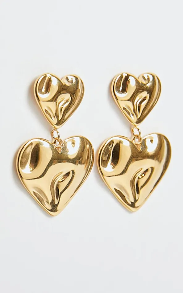 Showpo Khrizza Earrings 8211 Distressed Double Heart Drop Earrings In Gold Women Earrings