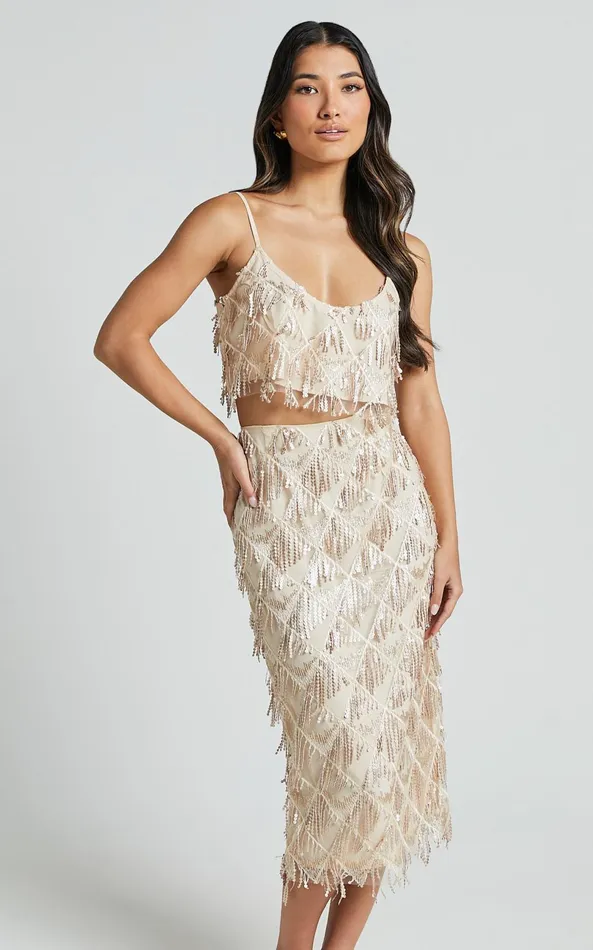 Showpo Khrizza Midi Skirt 8211 High Waisted Sequin Skirt In Gold Women Skirts