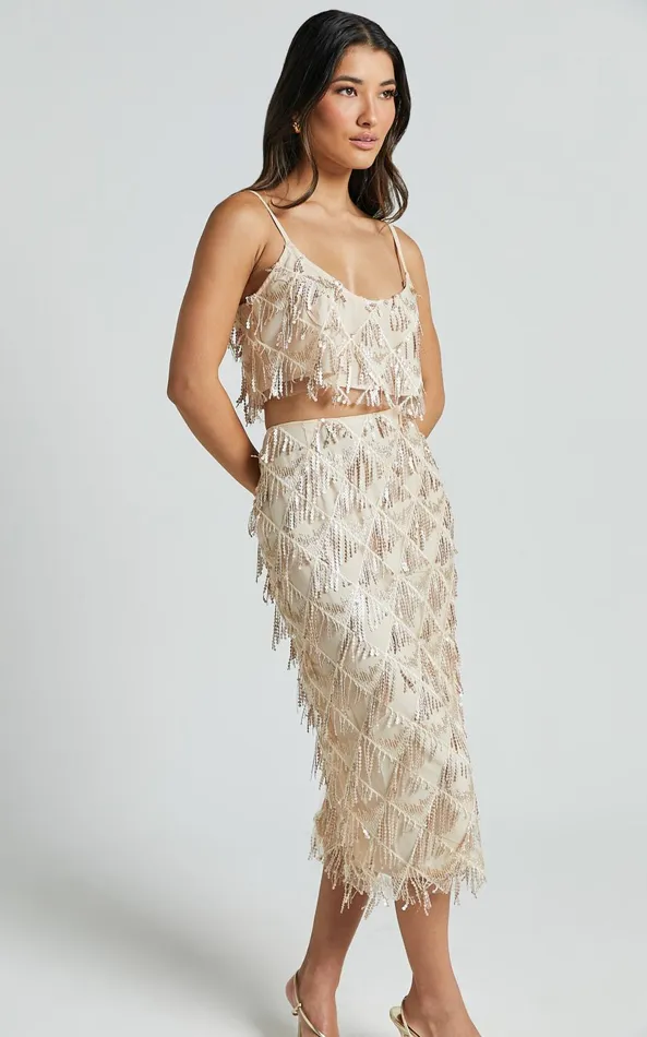 Showpo Khrizza Midi Skirt 8211 High Waisted Sequin Skirt In Gold Women Skirts