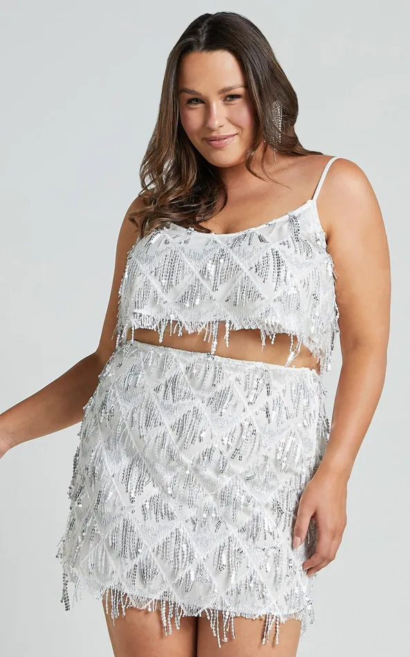Showpo Khrizza Mini Skirt 8211 Sequin Diamond Mesh Skirt In WhiteSilver Women Skirts