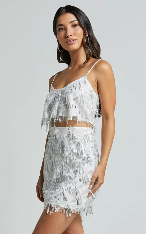Showpo Khrizza Mini Skirt 8211 Sequin Diamond Mesh Skirt In WhiteSilver Women Skirts
