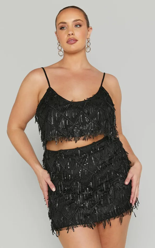 Showpo Khrizza Top 8211 Sequin Diamond Mesh Cropped Cami Top In Black Women Curve Clothes