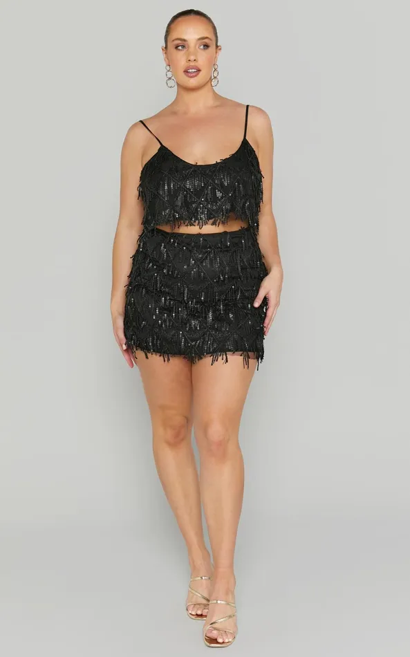 Showpo Khrizza Top 8211 Sequin Diamond Mesh Cropped Cami Top In Black Women Curve Clothes