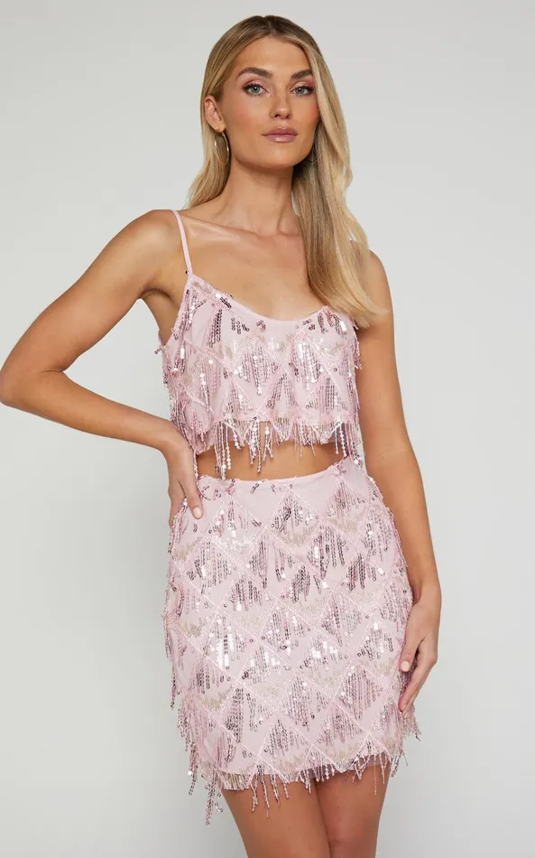 Showpo Khrizza Top 8211 Sequin Diamond Mesh Cropped Cami Top In Pink Women Curve Clothes