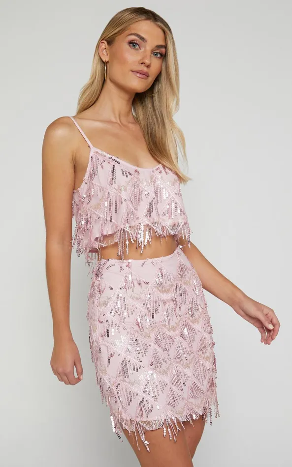 Showpo Khrizza Top 8211 Sequin Diamond Mesh Cropped Cami Top In Pink Women Curve Clothes