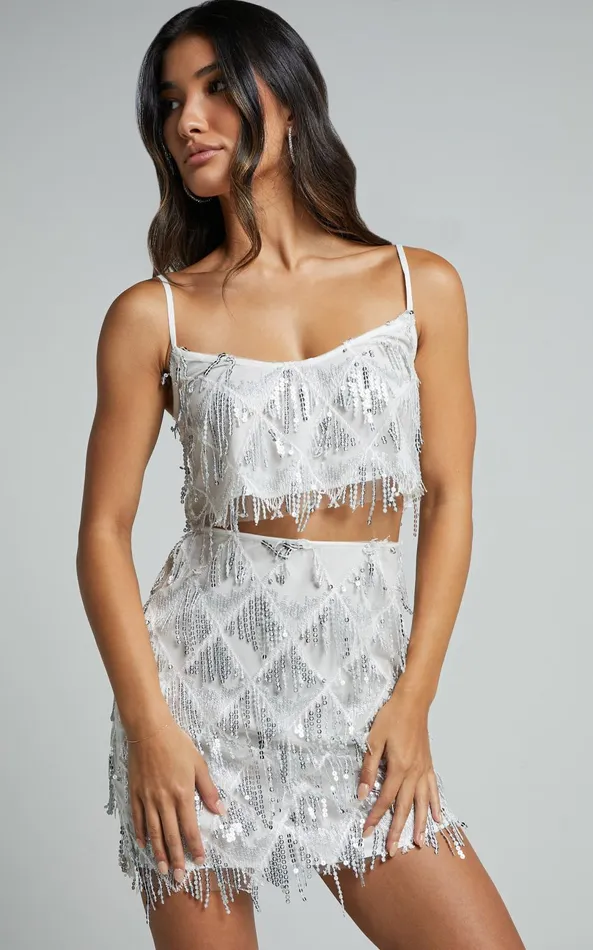 Showpo Khrizza Top 8211 Sequin Diamond Mesh Cropped Cami Top In WhiteSilver Women Curve Clothes