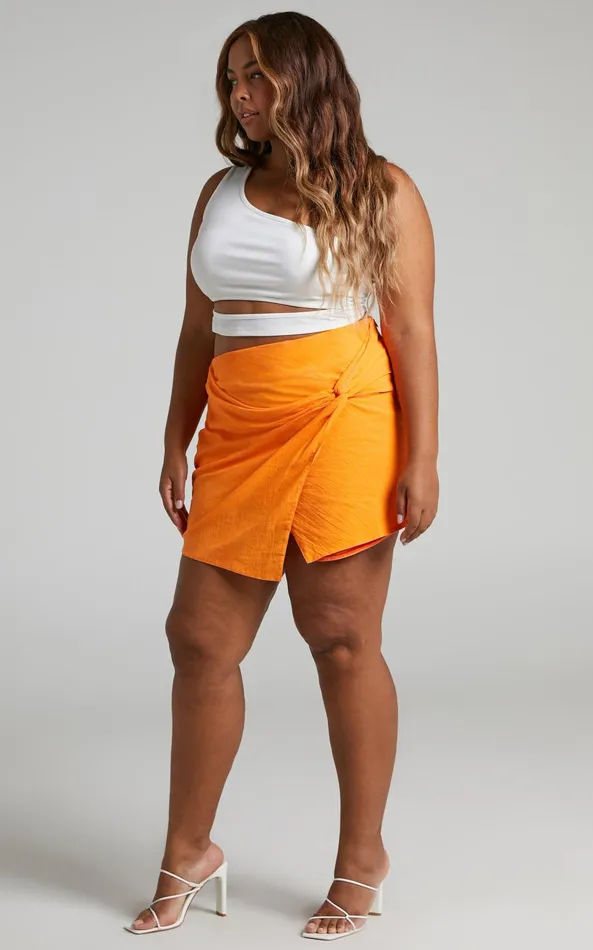 Showpo Kiandra Mini Skirt 8211 Linen Look Twist Front Skirt In Orange Women Skirts