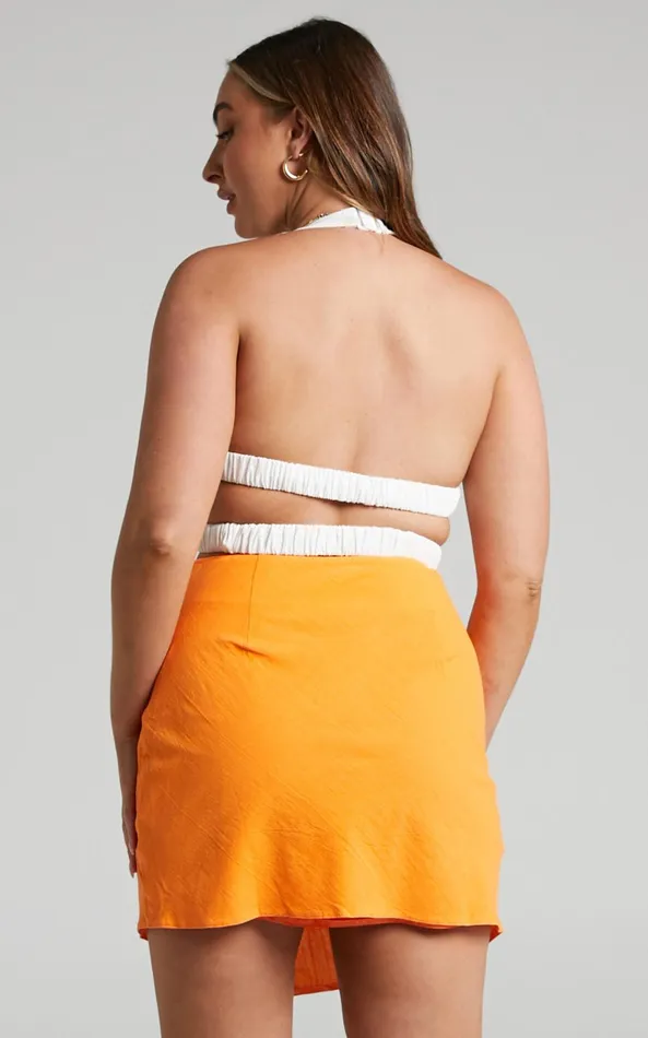 Showpo Kiandra Mini Skirt 8211 Linen Look Twist Front Skirt In Orange Women Skirts