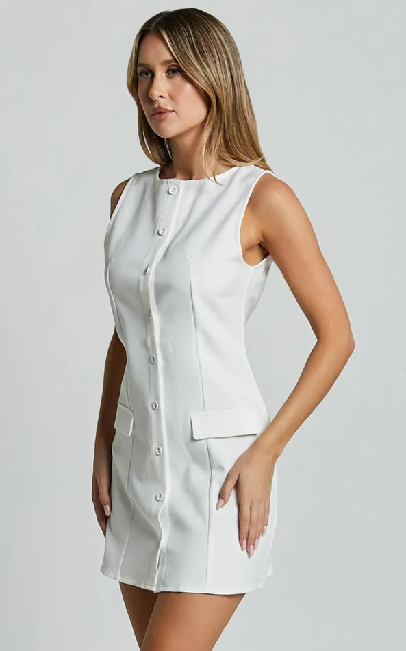 Showpo Kiara Mini Dress 8211 Scoop Neck Button Down Dress In White Women Dresses